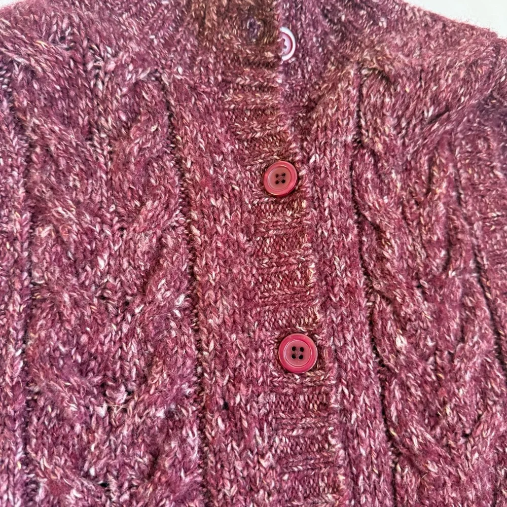 LL BEAN Women’s Burgundy Cable Knit Wool Blend Cardigan Sweater Vest Academia